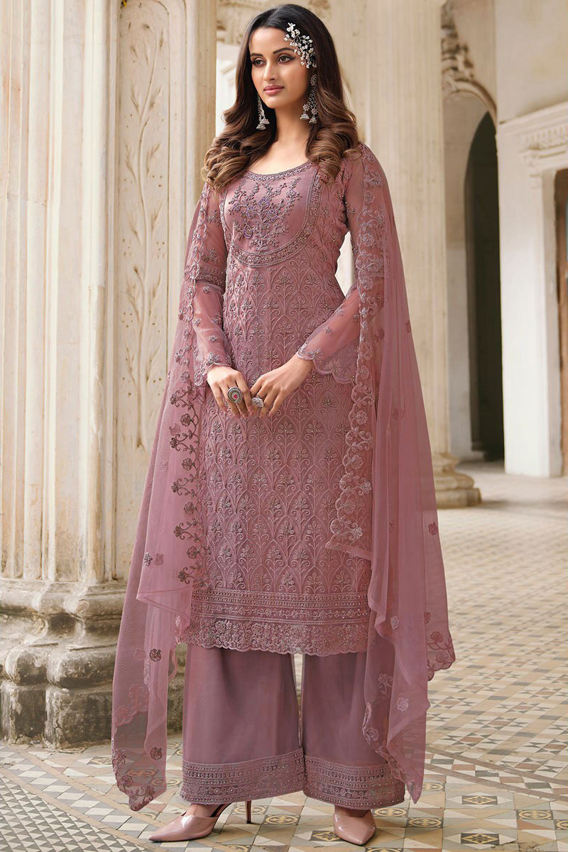 Mauve Pink Net Embroidered Palazzo Suit