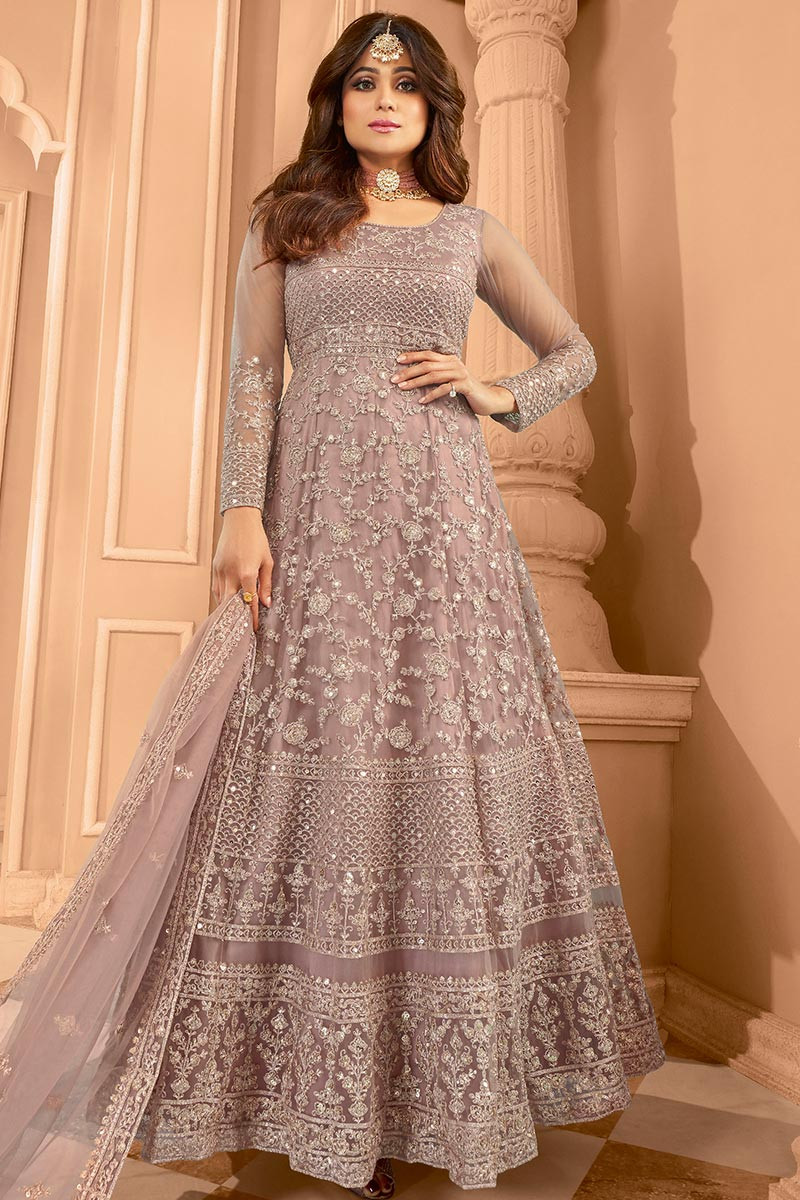 Mauve Pink Zari Embroidered Net Anarkali Suit