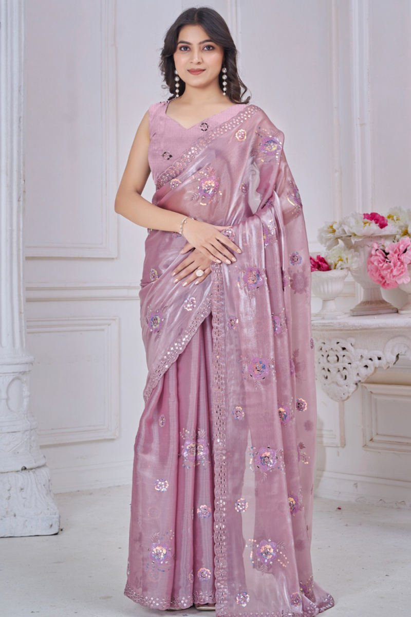 Mauve Pink Shimmer Organza Saree With Mirror Work For Diwali