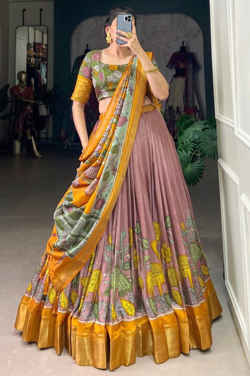 Mauve Pink Silk Printed A Line Lehenga 