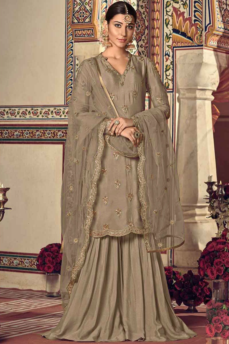Buy Grey Beige Georgette Embroidered Sharara Suit Online - LSTV02921 ...