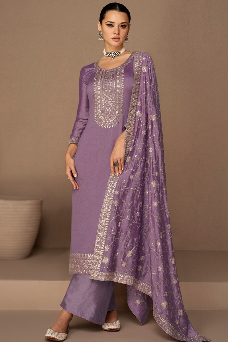 Mauve Silk Straight Cut Palazzo Suit