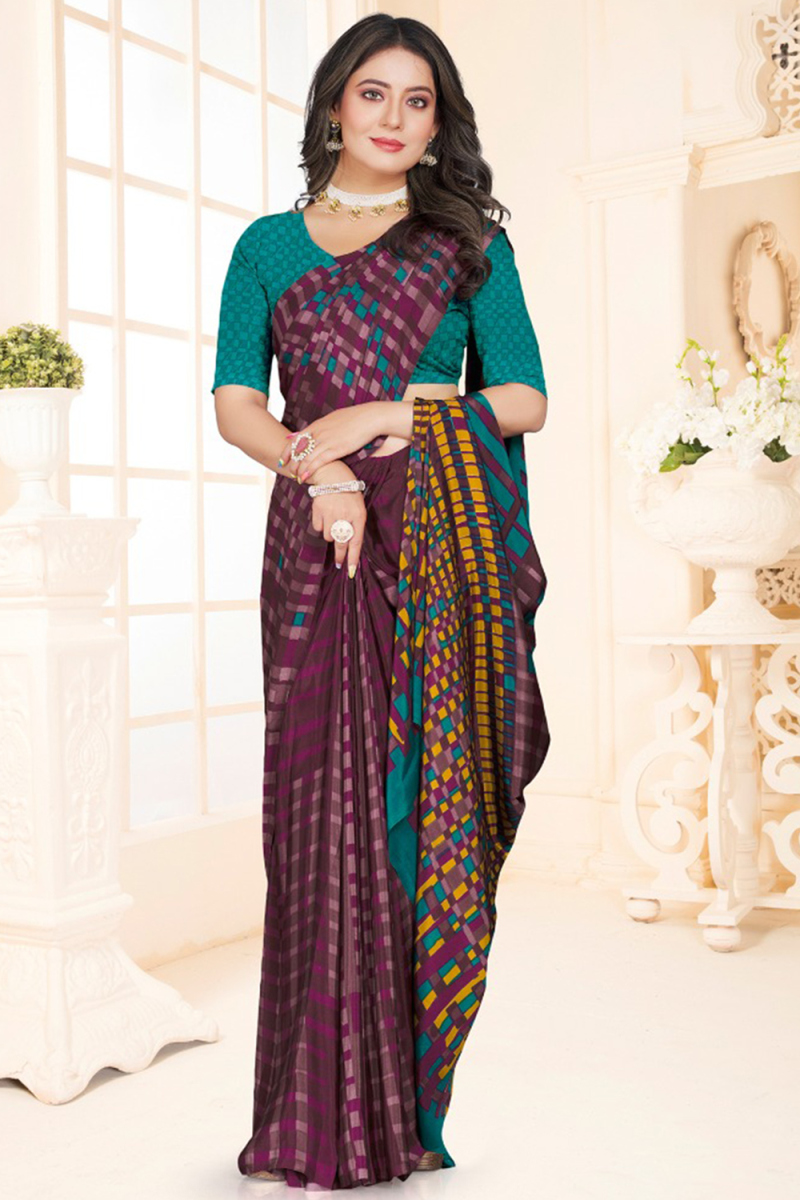 Mauve Taupe Crepe Saree With Printed Work For Casual Wear
