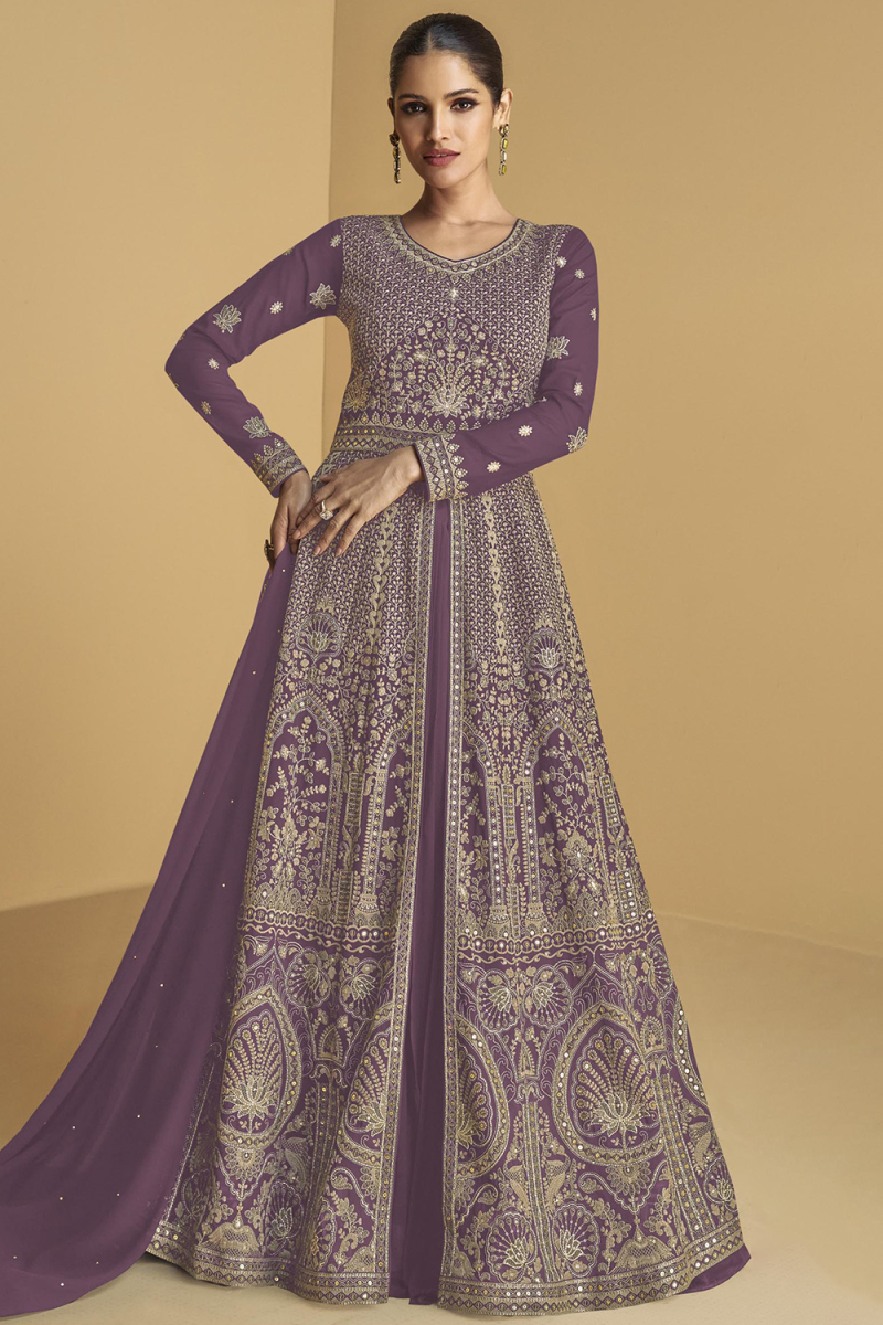 Mauve Taupe Georgette Embroidered Front Slit Anarkali Suit 