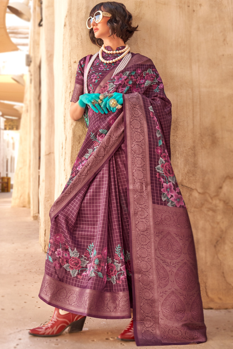 Mauve Taupe Georgette Printed Broad Border Saree