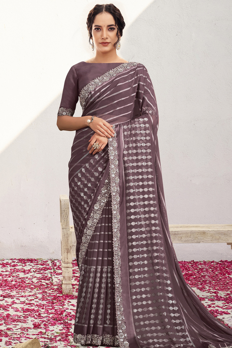 Mauve Taupe Georgette Woven Zari Fancy Saree