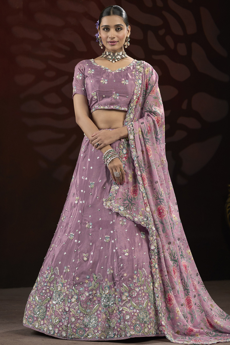 Mauve Taupe Light Purple Chinnon Embroidered Panelled Style Lehenga