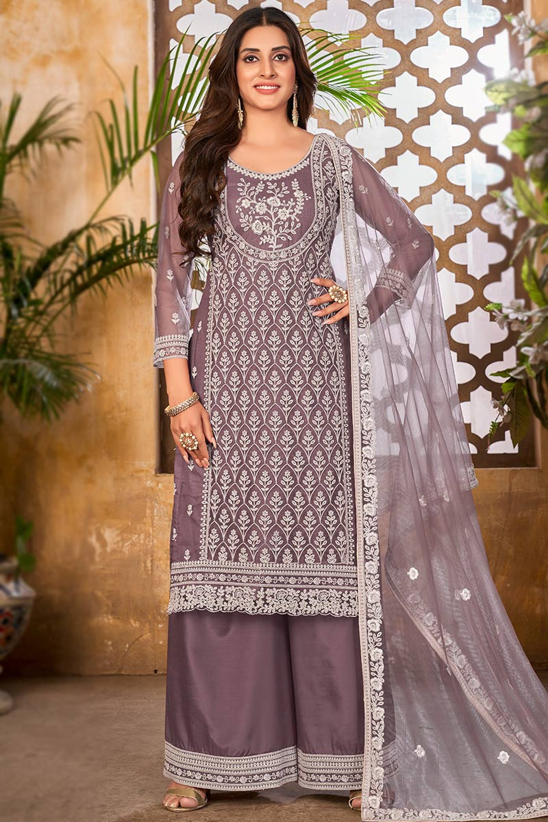 Cheap Fashion Mauve Taupe Net Embroidered Palazzo Pant Suit LSTV118628