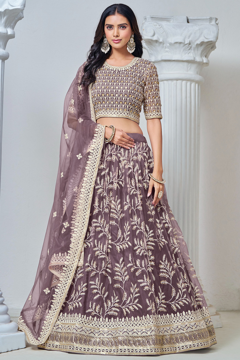 Mauve Taupe Net Embroidered Panelled Style Lehenga For Wedding