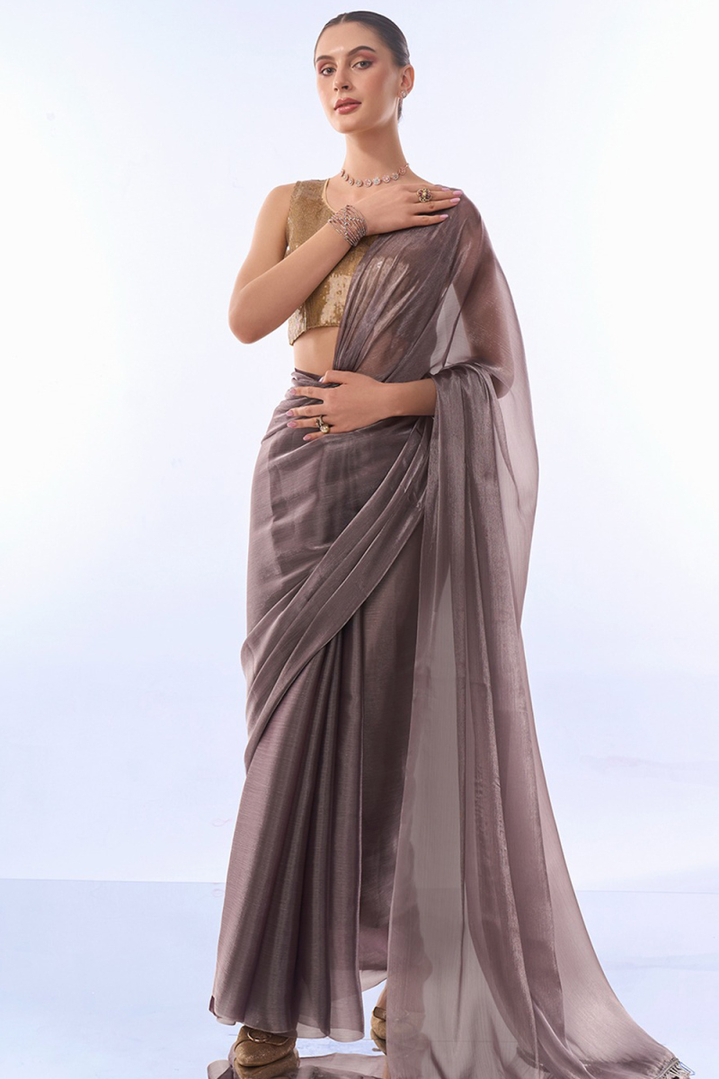 Mauve Taupe Shimmer Chiffon Saree For Sangeet 