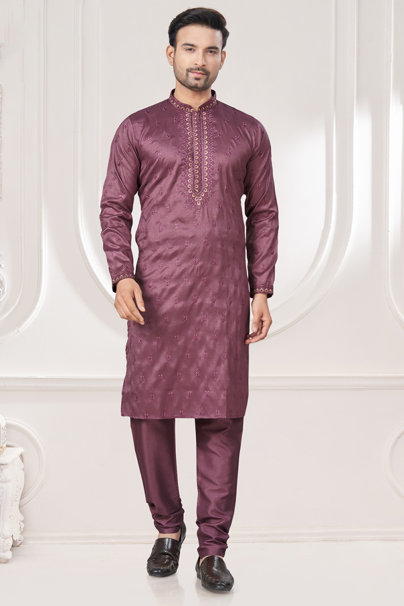 Mauve Taupe Silk Embroidered Straight Cut Kurta Pajama for Men