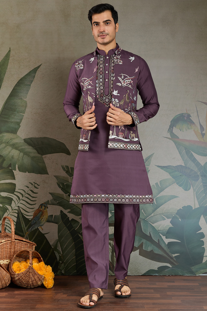 Mauve Taupe Viscose Silk Men's Kurta Pajama With Embroidered Jacket