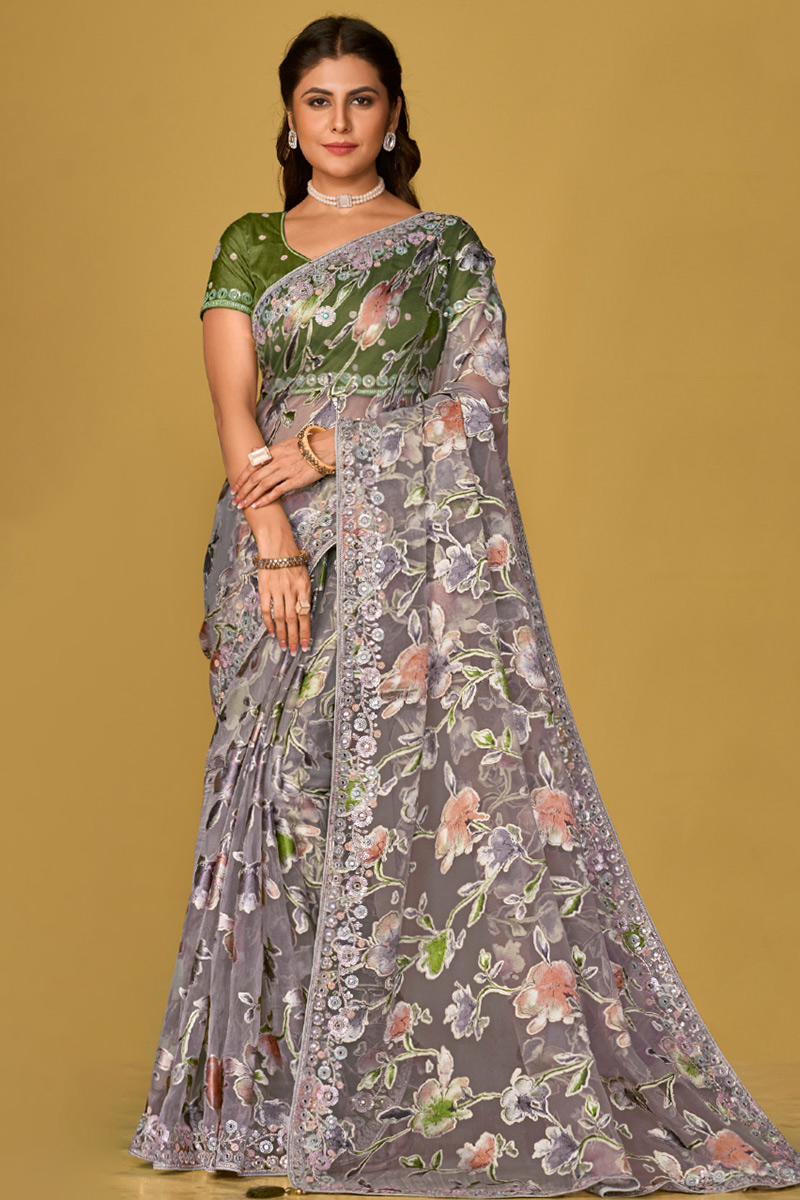 Mauve Taupe Weaved Thread Lightweight Brasso Saree 