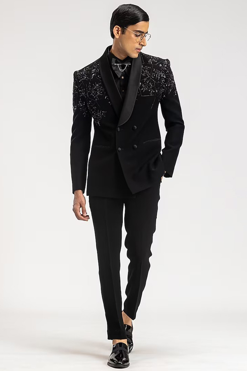 Velvet Black Sequins Embroidered Men s Coat Pant