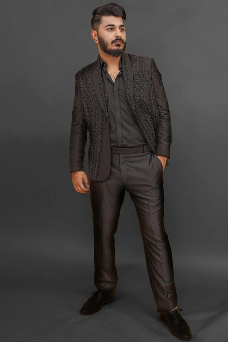 Black Embroidered Silk Men's Coat Pant