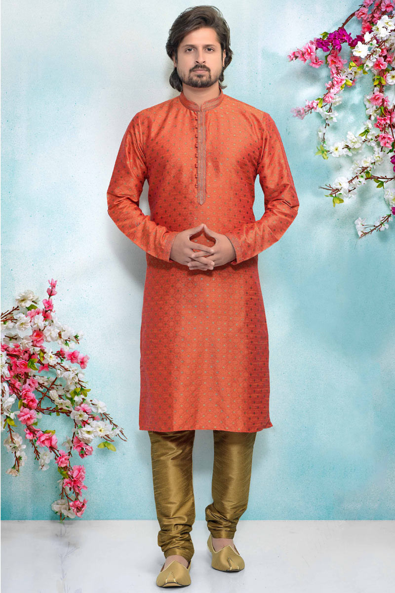 Men s Kurta In Orange With Churidar For Eid