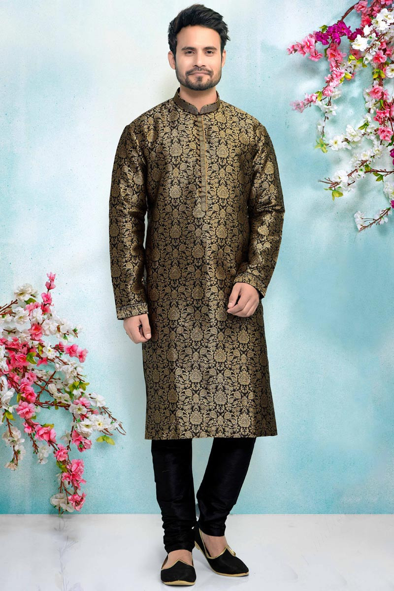 Mens Brocade Black Kurta for Eid