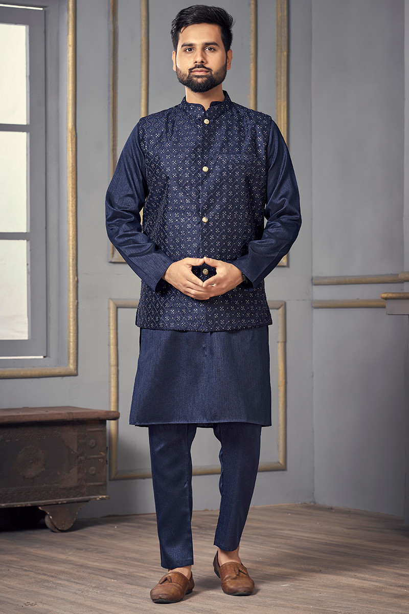 Men s Navy Blue Silk Kurta Pajama With Embroidered Waistcoat MKPA05032
