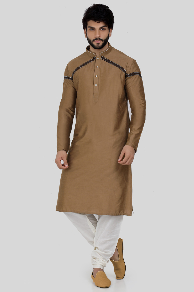 Mens Ready To Wear Brown Art Silk Kurta With Churidar for Wedding Party