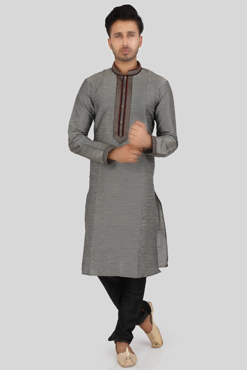Mens Ready To Wear Woven Grey Kurta Churidar for Wedding Party