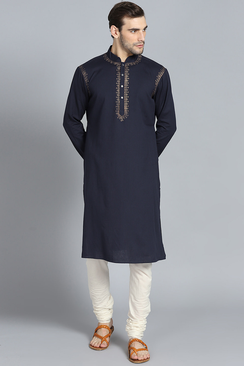 Midnight Blue Cotton Kurta Pajama With Zari Work for Wedding & Party