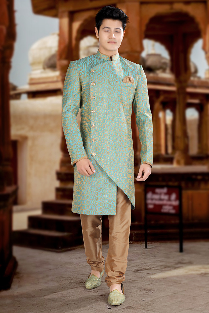 Mint Blue Brocade Men Sherwani
