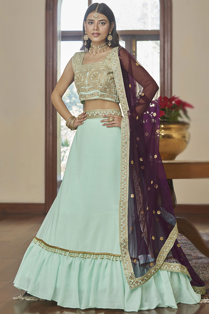 Aqua Blue Heavy Chinnon Embroidered Lehenga Kurta Suit
