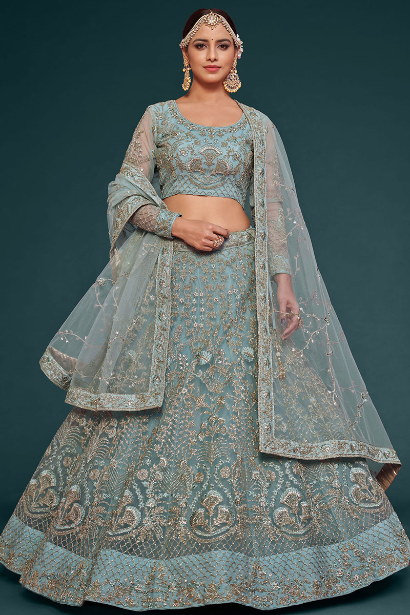 Mint Blue Festival Wear Net Embroidered Lehenga