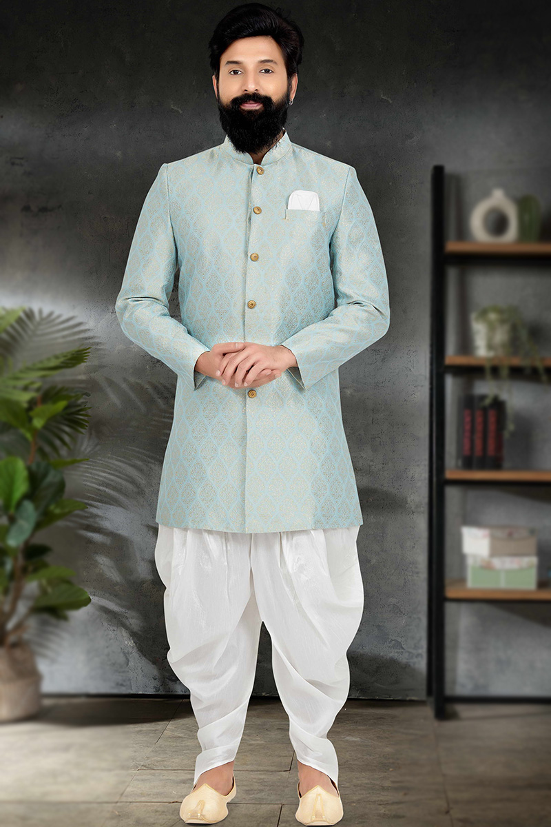 Mint Blue Jacquard Men's Sherwani