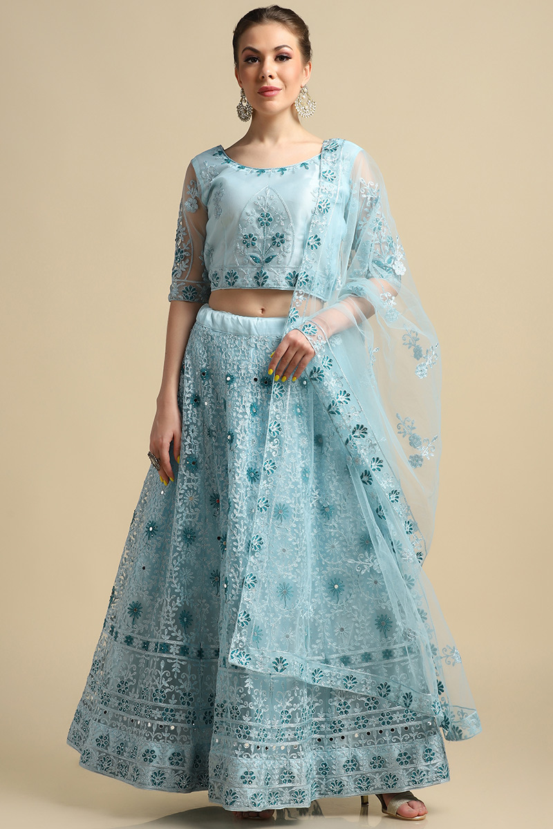 Mint Blue Net Embroidered Panelled Style Lehenga 