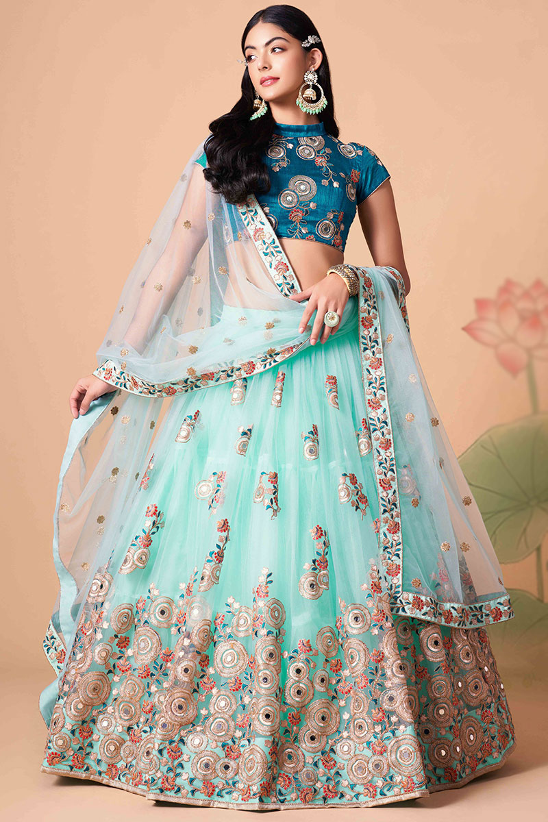 Mint Blue Net Resham Thread Embroidered Lehenga