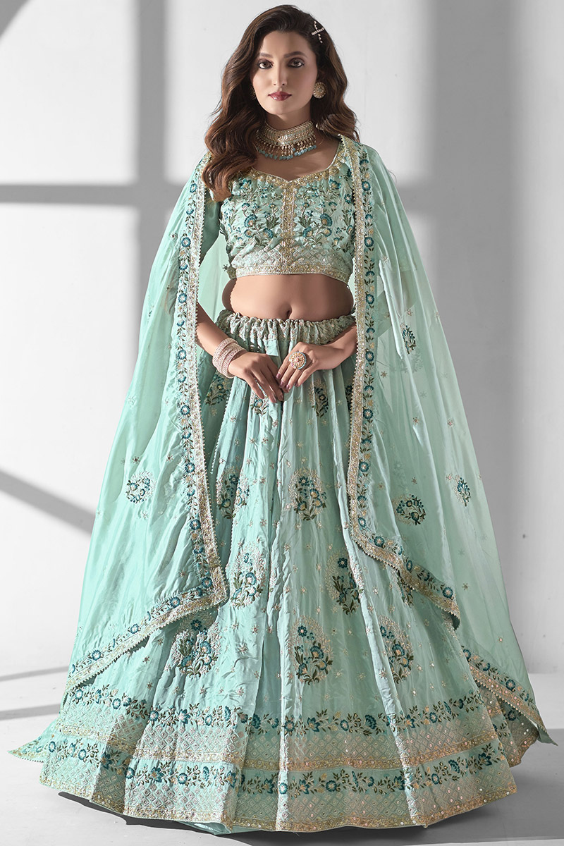 Mint Blue Organza Sequins Embroidered Bridesmaid Lehenga