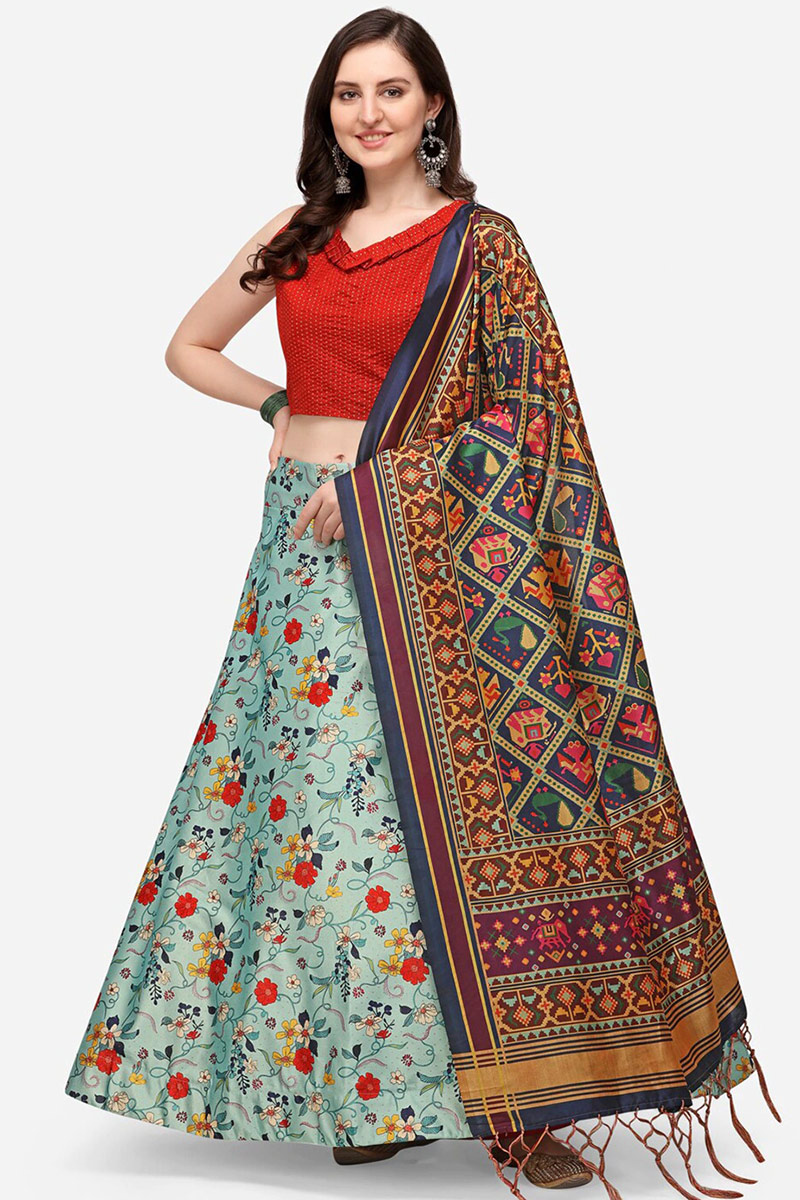 Mint Blue Printed Satin Silk A Line Lehenga