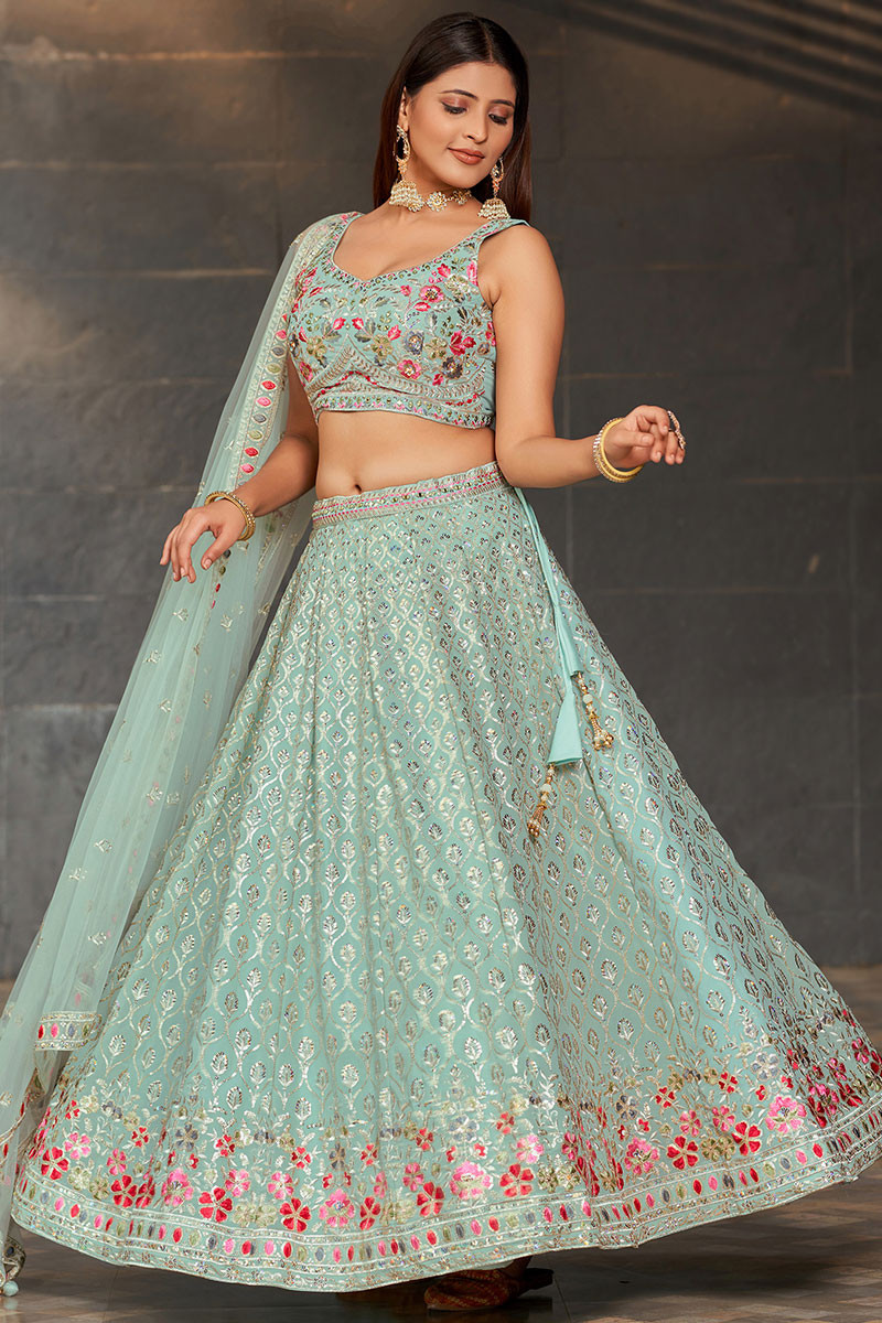 Mint Blue Sequins Embroidered Georgette Bridesmaid Lehenga