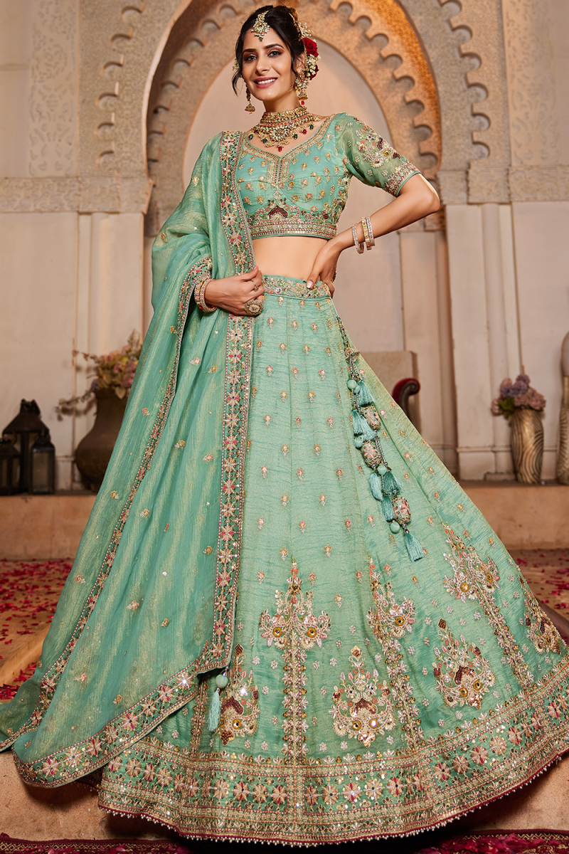 Mint Blue Tissue Lehenga with Zari Work for Lohri & Weddings