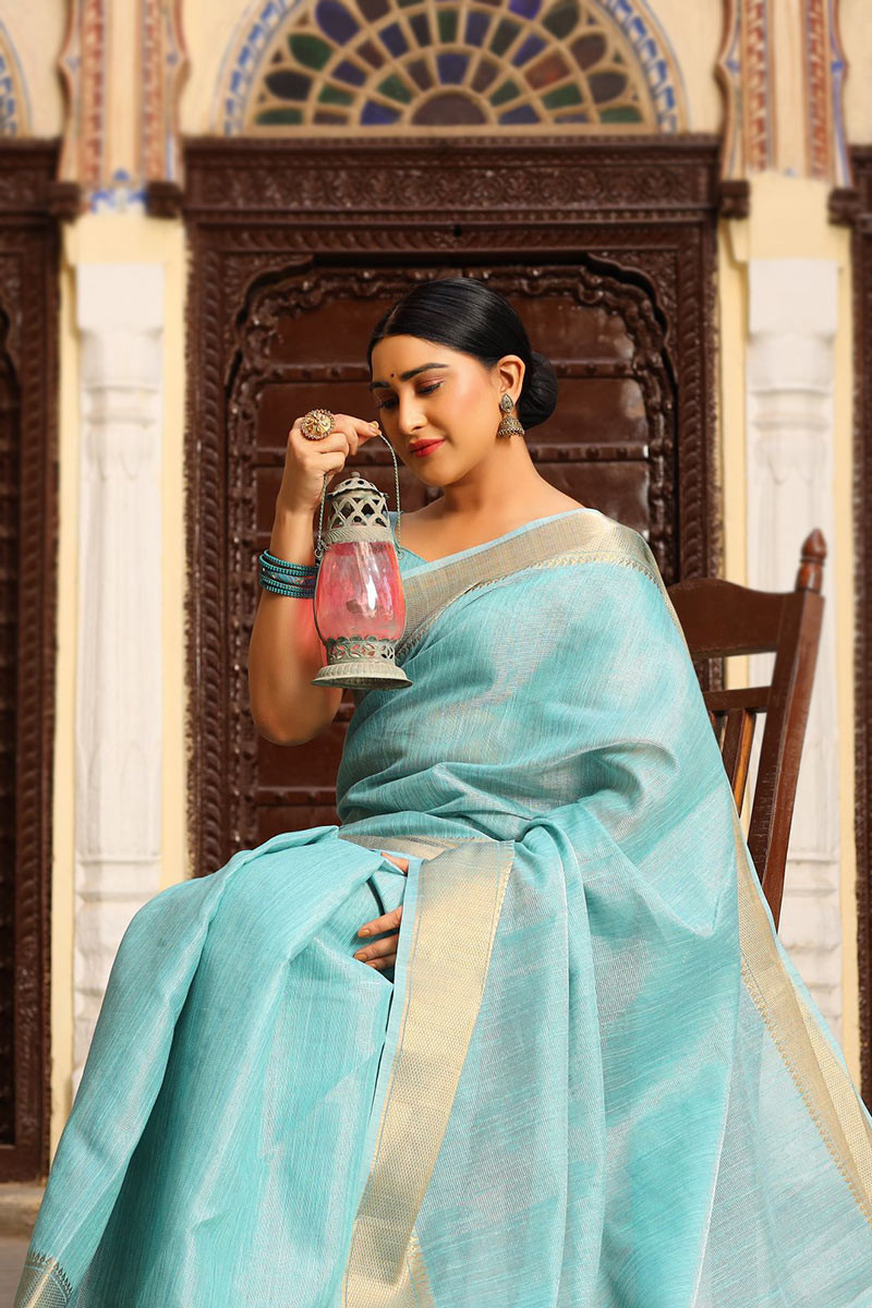 Mint Blue Tussar Silk Woven Saree