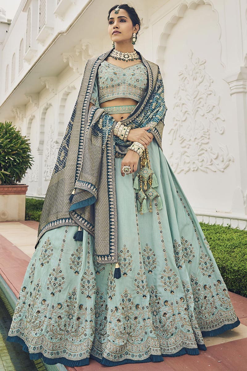 Mint Blue Zari Embroidered Silk Lehenga For Wedding