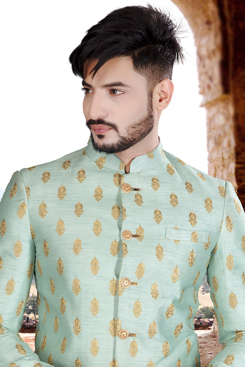 Green color Velvet fabric Jodhpuri Suit : 1724203