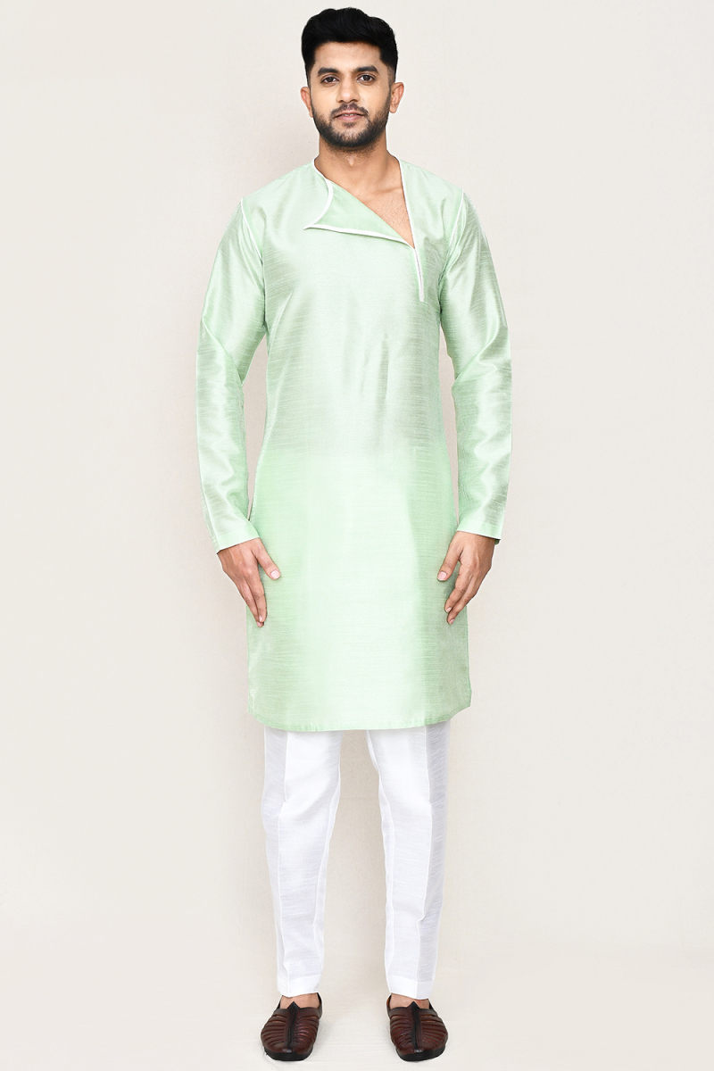 Mint Green Dupion Silk Angrakha Style Men's Kurta Pajama