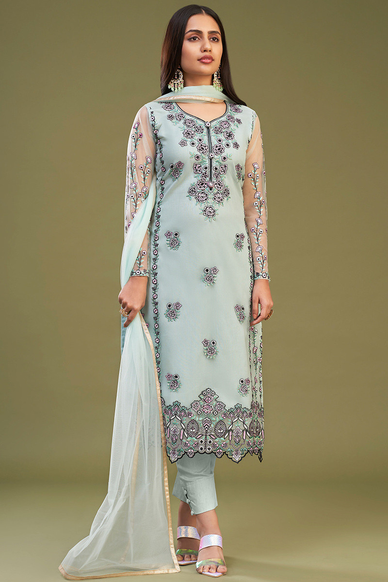 mint green embroidered net suit with cigarette pants lstv125529 1