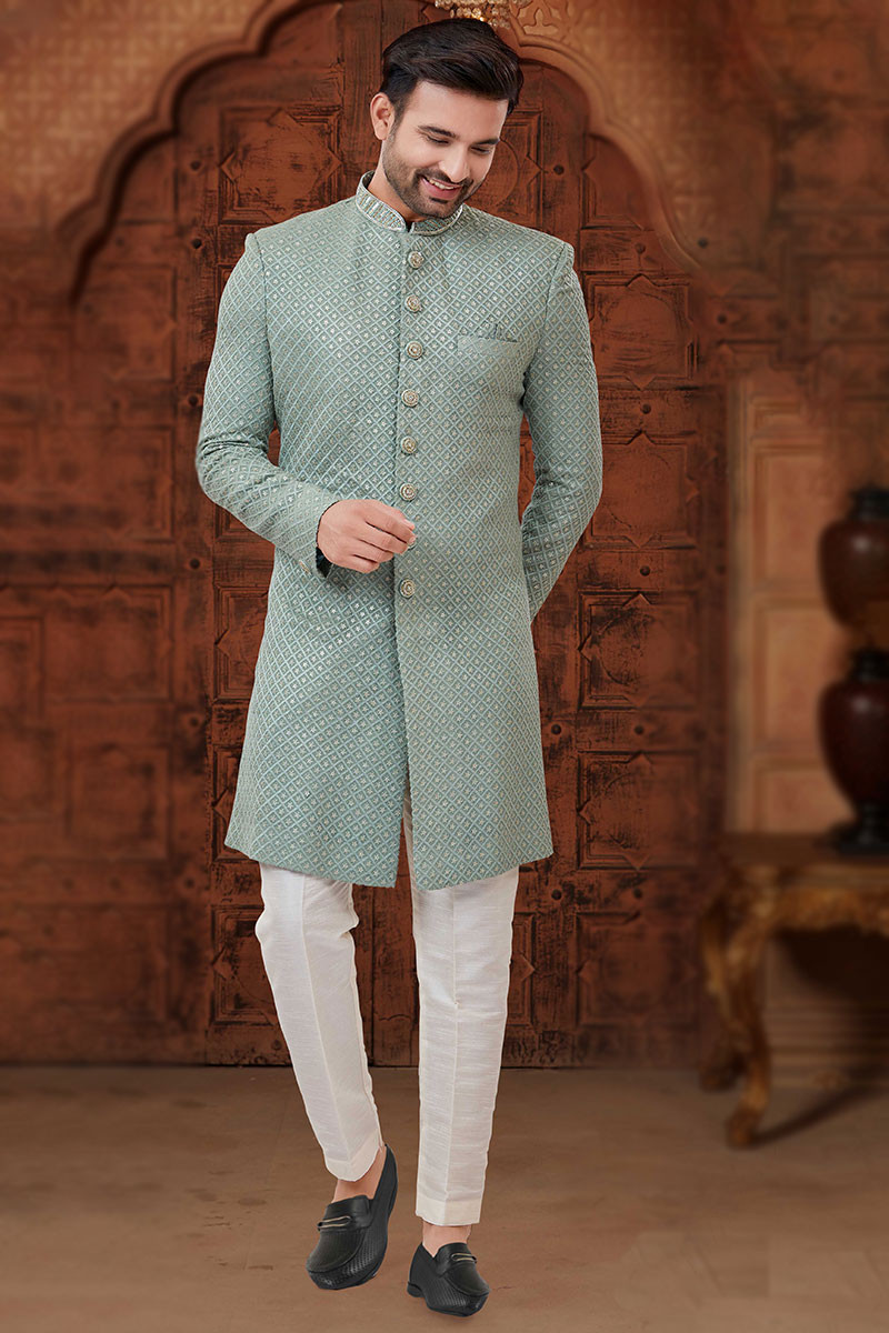 Clothing Fashion Sequins Embroidered Mint Green Men Sherwani MSTV01132
