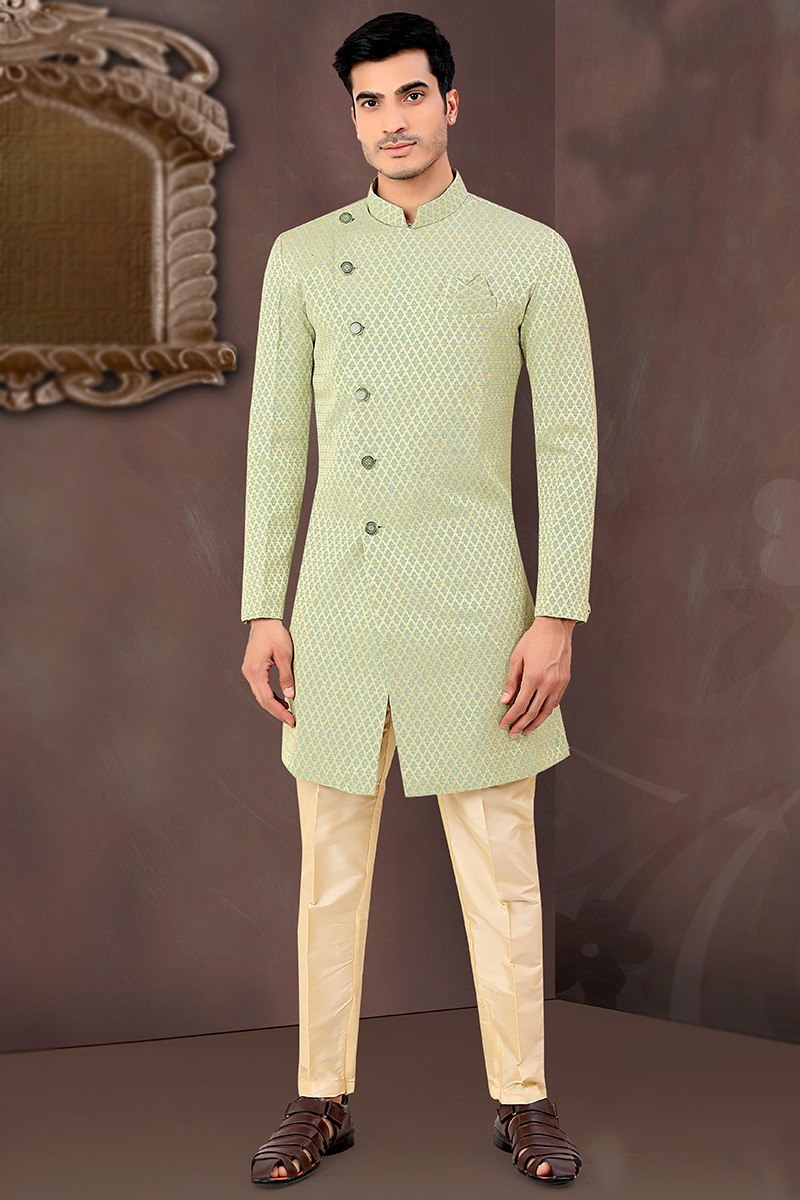 Mint Green Jacquard Indo-Western Men Sherwani
