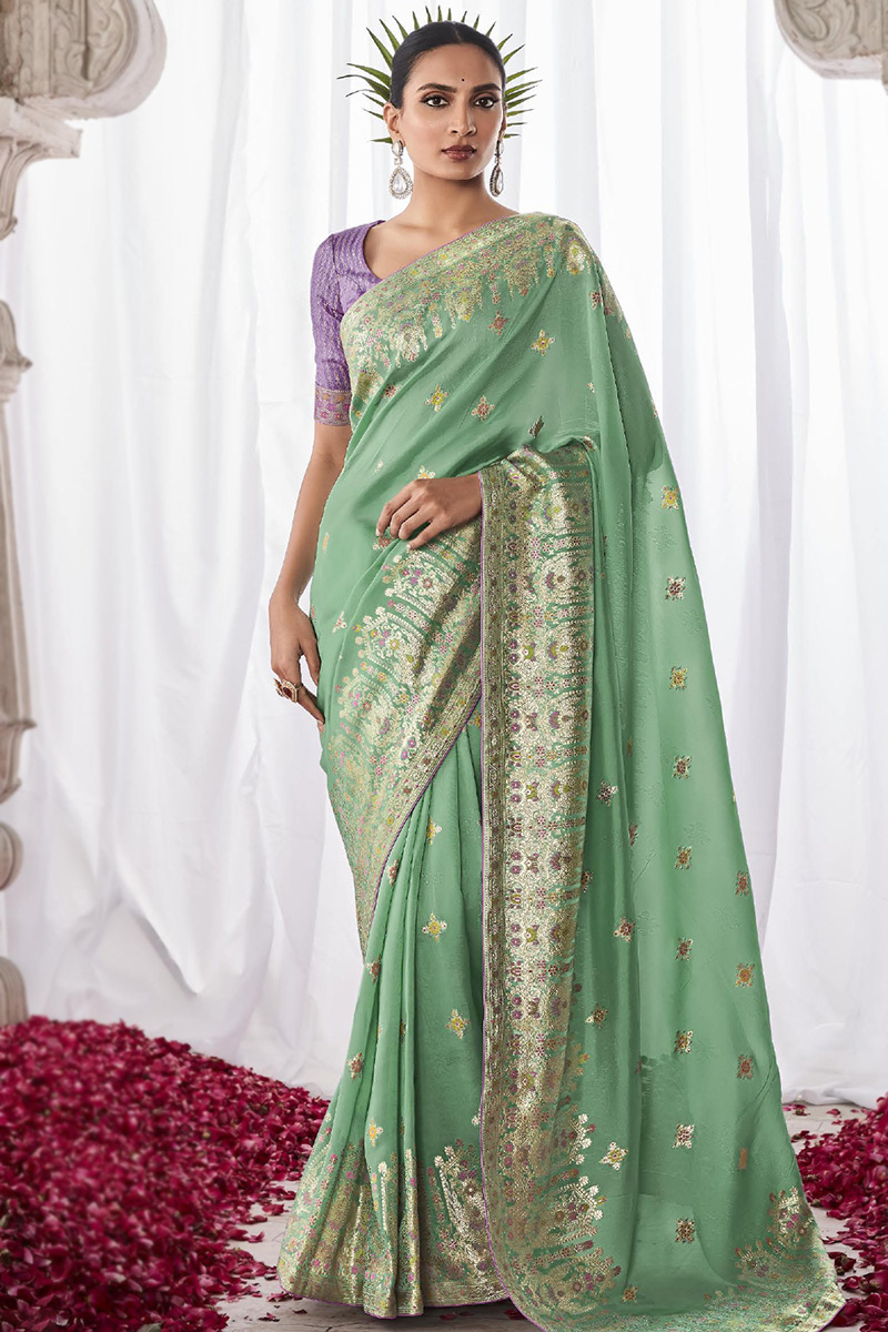 Mint Green Kora Silk Weaved Light Weight Saree 
