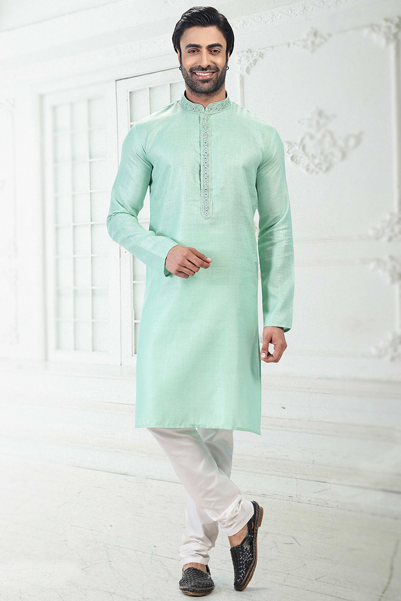Mint Green Linen Cotton Men's Kurta