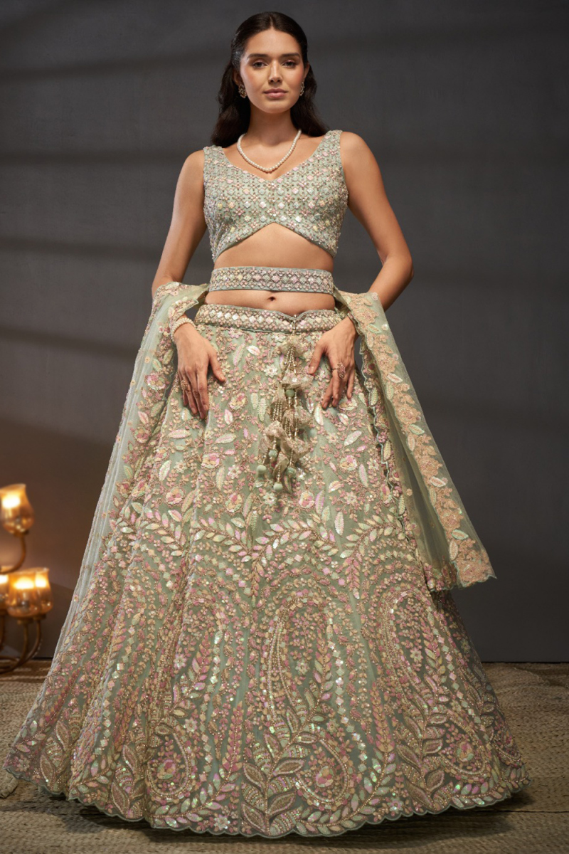 Mint Green Net Lehenga with Stone Work for Engagement