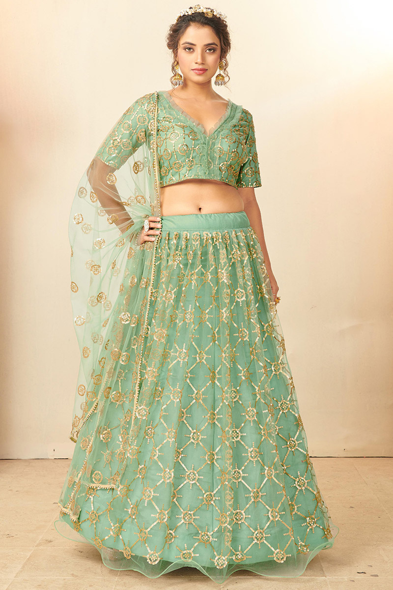 Mint Green Net Sequins Embroidered Lehenga