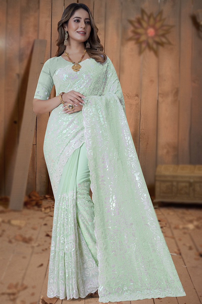 Mint Green Sequins Embroidered Fancy Georgette Saree SARV163026