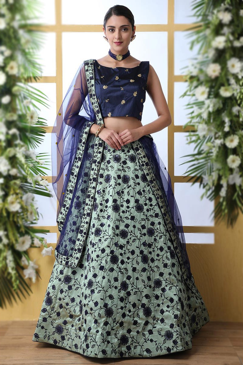 Silk Lehenga in Mint Green colour with Resham Work for Party 