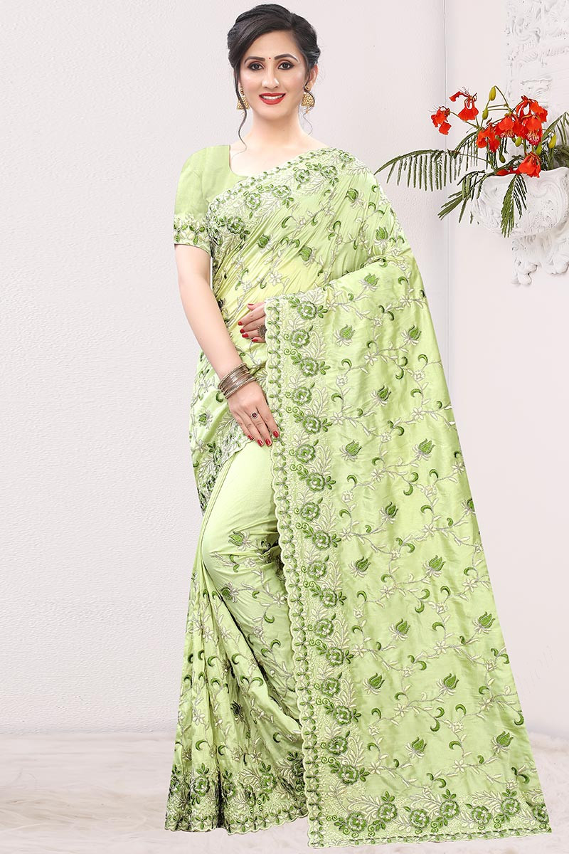 Buy Mint Green Silk Saree With Silk Blouse Online SARV07739