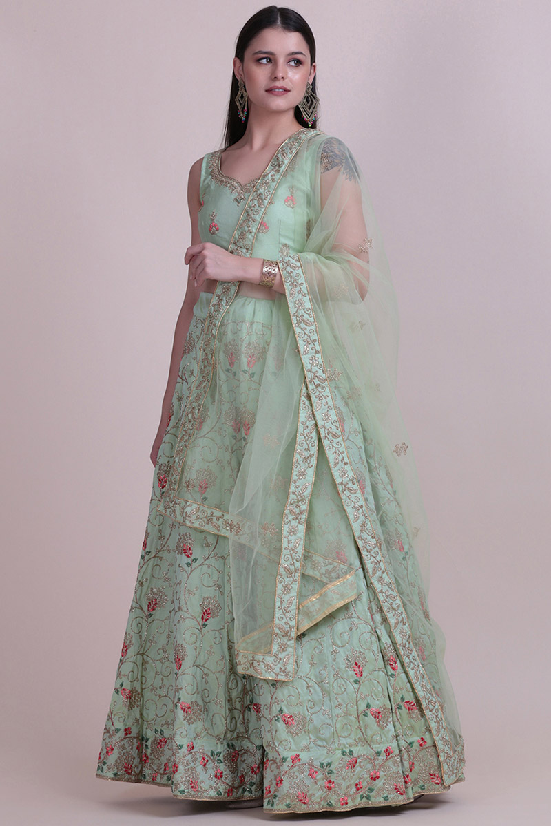 Mint Green Taffeta Silk A Line Embroidered Lehenga